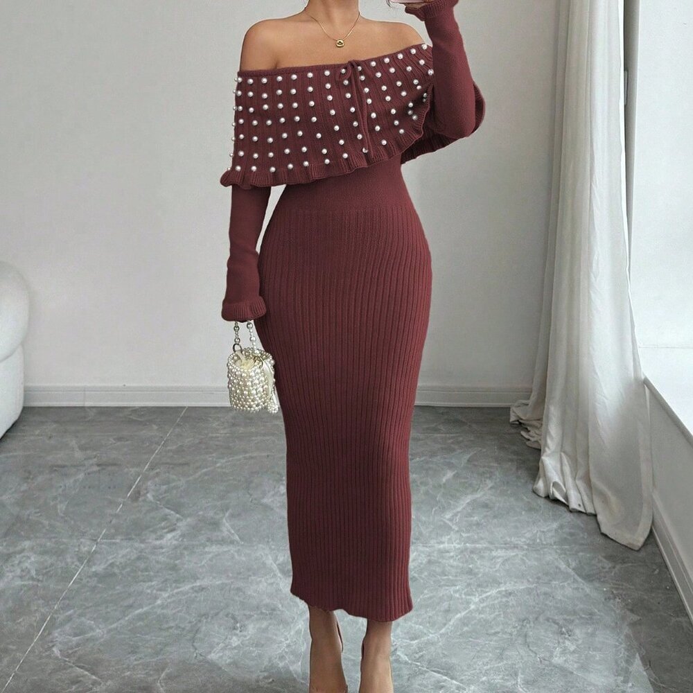 Burgundy Elegant Women's Bow Tie Elastic Off-Shoulder Sweater